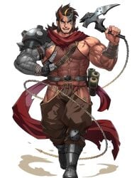 1boy abs ahoge another_eidos_of_dragon_vein_r bandaged_arm bara beard_stubble beefy belt biceps boots breasts broad_shoulders brown_hair bulge bulge_through_clothing chains chest_hair fingerless_gloves fishnet_clothing fishnets flaccid forked_eyebrows full_body fundoshi gay gloves grey_body half_demon hi_res holding_weapon horn hunk kneepads kongoh_(another_eidos) laugh long_hair long_scarf looking_at_viewer male male_only manly mature_male muscles muscular muscular_arms muscular_legs muscular_male muscular_neck muscular_thighs ninja pecs red_fundoshi revealing_clothes rokushaku_fundoshi rybiok scar scar_on_chest scarf scroll scythe shoulder_armor six_pack skimpy smoke solo standing stone_arm straps thick thick_arms thick_eyebrows tough_guy triceps two-tone_body veiny_arms walking weapon white_background yaoi yellow_eyes