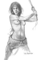 ferronniere_(artist) female solo breasts nipples small_breasts sword female_only traditional_media_(artwork) fantasy topless loincloth 2016 1girls