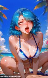 1boy 1girl ahe_gao ahegao ai_generated arlequin097 bangs bare_shoulders beach bikini bikini_top_only blue_bikini blue_hair blue_sky blush bottomless breasts censored cleavage cloud collarbone cowgirl_position day earrings flower front-tie_top girl_on_top gwen_(league_of_legends) hetero jewelry large_breasts league_of_legends medium_hair navel ocean open_mouth orange_eyes outdoors palm_tree penis pov pussy pussy_juice riot_games rolling_eyes saliva sex shiny shiny_skin short_hair shorts shorts_around_one_leg sky solo_focus spread_legs squatting_cowgirl_position straddling sweat swimsuit tongue tongue_out tree uncensored vaginal water white_bikini