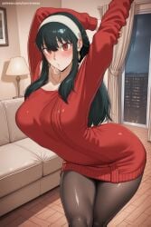 1girl ai_generated arms_up bangs black_hair black_legwear blush breasts earrings hi_res high_quality high_resolution indoors jewelry large_breasts long_hair looking_at_viewer pantyhose patreon red_eyes savvyraexo seductive sexy solo spy_x_family sweater thighs uncensored watermark yor_briar