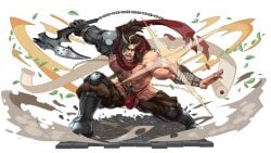 1boy abs ahoge another_eidos_of_dragon_vein_r assless_pants attack balls_under_clothes bandaged_arm bara beard_stubble beefy belt biceps big_bulge big_hands boots breasts broad_shoulders brown_hair bulge bulge_through_clothing chains chest_hair crouching fingerless_gloves fishnet_clothing fishnets flaccid forked_eyebrows full_body fundoshi gay genital_outline gloves grey_body half_demon hi_res holding_weapon horn hunk kneepads kongoh_(another_eidos) laugh leaf leaves long_hair long_scarf looking_at_viewer male male_only manly mature_male muscles muscular muscular_arms muscular_legs muscular_male muscular_neck muscular_thighs ninja pecs red_fundoshi revealing_clothes rokushaku_fundoshi rybiok scar scar_on_chest scarf scroll scythe shoulder_armor six_pack skimpy smoke solo stone_arm straps thick thick_arms thick_eyebrows tiled_floor torn_clothes tough_guy triceps two-tone_body veiny_arms weapon white_background yaoi yellow_eyes