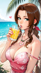 aerith_gainsborough final_fantasy_vii final_fantasy_vii_remake final_fantasy_vii_rebirth square_enix video_game_franchise video_game_character female_character brunette brunette_hair brunette_female beach beach_background palm_tree lemonade drinking drinking_glass drinking_straw drinking_from_straw freckles freckles_on_face freckles_on_breasts freckles_on_shoulders big_breasts big_tits summer_dress strap_slip earrings hairtie necklace nail_polish pink_lipstick looking_at_viewer eye_contact green_eyes philolite ocean_background ocean sweaty_breasts comfyui stable_diffusion ai_generated ai_assisted ai ai_art ai-created deviantart deviantart_username deviantart_link deviantart_logo deviantart_url deviantart_watermark