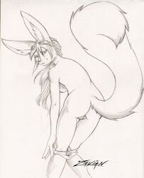 2010 anthro bent_over breasts female fur furry goggles greyscale hybrid lagomorph looking_at_viewer looking_back monochrome nude panties pencils pussy rabbit sideboob sketch solo underwear undressing zavian