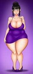 1girl 1girls 2d anime asian_female big_boobs big_breasts big_tits black_hair blush blushing chichi child_bearing_hips curvaceous curvy curvy_figure digital_drawing_(artwork) dragon_ball dragon_ball_super dragon_ball_z dress earrings formal formal_wear gilf grandmother hair_bun heels hi_res high_heels hips hourglass_figure looking_away m115 milf mother purple_dress shy simple_background solo solo_female thick thick_thighs tight_clothing tight_dress tight_fit voluptuous wide_hips