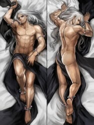 1boy abs ass bara barefoot closed_mouth commentary_request dakimakura_(medium) dark-skinned_male dark_skin final_fantasy final_fantasy_iv final_fantasy_iv:_the_after_years golbez highres long_hair looking_at_viewer lying male_focus moreshan muscular muscular_male navel nipples on_back on_bed on_stomach pectorals profile solo_male