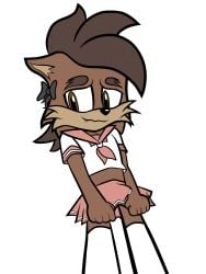 astolfo_(fate) bashful black_bow brown_eyes brown_fur brown_hair crossdressing cum_on_skirt feminine_male ganondork holding_skirt_down nervous_smile oc original_character penis_through_clothing pink_uniform schoolgirl_uniform socks sonic_oc stockings zak_the_wolf