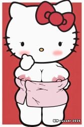 1girls ai_generated anthro big_breasts chibi_style female furry furry_female hello_kitty hello_kitty_(character) hello_kitty_(series) huge_breasts sanrio shortstack solo chibi cat_girl cat thick_thighs bath_towel towel_only areola_slip areolae_slip nipple_slip