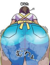 rhythm_heaven rhythm_heaven_groove artist_request rhythm_tengoku 1girls ass_focus ass huge_ass brown_hair ponytail apron musical_note singing back_view large_ass wide_hips japanese_text