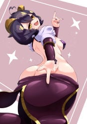 +_+ 1girl antenna_hair arched_back ass ass_focus breasts butt_crack covered_erect_nipples curled_horns demon_girl demon_horns detached_sleeves dot_nose fang feet_out_of_frame female_focus fingernails from_behind from_below half-closed_eyes hand_on_own_ass hand_up hiiragi_utena horns huge_ass index_finger_raised kneeling long_fingernails looking_at_viewer looking_back looking_down lowleg lowleg_pants magia_baiser mahou_shoujo_ni_akogarete medium_breasts medium_hair nail_polish naughty_face open_mouth pants pasties pink_background purple_hair purple_nails purple_pants purple_sleeves sharp_fingernails shrug_(clothing) simple_background skin_fang smile solo towa_lone two-tone_background white_background white_shrug yellow_eyes yellow_horns
