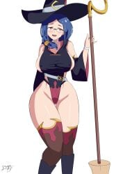 little_witch_academia ursula_callistis jayarayart leotard sideboob big_breasts big_boobs boobs big_hips blue_hair teacher broom mature_female