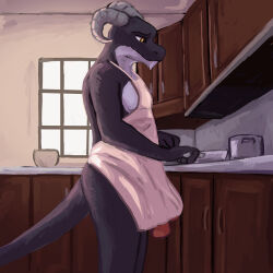 2_penises absurd_res anthro apron apron_only clothing cooking cookware dragon european_mythology genitals hi_res kitchen_utensils male multi_genitalia multi_penis mythological_creature mythological_scalie mythology penis scalie solo standing tazal tools western_dragon yellow_eyes