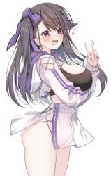 1girl :d absurdres arm_under_breasts azur_lane bare_shoulders bottomless bow breast_rest breasts brown_hair clothing_cutout commentary_request crop_top cropped_hoodie female female_only from_side hair_bow hand_up happy heart highres hood hoodie large_breasts long_hair looking_at_viewer looking_back microskirt mikuchi3939 nail_polish navel no_panties pamiat_merkuria_(azur_lane) pamiat_merkuria_(pick_and_choose!)_(azur_lane) purple_bow purple_eyes purple_nails pussy see-through_clothes see-through_skirt shoulder_cutout side_ponytail skirt smile solo thighs v very_long_hair white_skirt