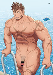 1boy abs absurd_res accidental_exposure artist_name ass_visible_through_thighs bara beard beefy biceps big_areola breasts broad_shoulders brown_hair censor_bar censored censored_penis climbing_ladder collarbone completely_nude daddy dilf flaccid foreskin foreskin_folds forked_eyebrows gay getting_out_of_pool goatee heracles_(tokyo_afterschool_summoners) hi_res hunk looking_at_viewer male male_only manly mature_male miyabi13783794 moobs muscles muscular muscular_arms muscular_legs muscular_male muscular_neck muscular_thighs navel no_body_hair nude one_eye_closed outdoor_nudity outdoors pecs penis pointless_censoring pool poolside quadriceps red_glans retracted_foreskin scar scar_on_arm scar_on_chest scar_on_face scar_on_leg scars_all_over shaved_crotch short_hair sideburns six_pack small_penis solo spiky_hair swimming_pool swimwear thick_eyebrows tokyo_afterschool_summoners tough_guy triceps uncircumcised uncut underwear_removed veiny_arms veiny_hands veiny_penis very_high_resolution wet wet_body wink yaoi yellow_eyes