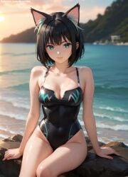 1girls 2d chest cute cute_face eyelashes eyeshadow female fit female_only fit_female focus light-skinned_female light_skin lipstick makeup mascara nero100 pale-skinned_female pale_skin stable_diffusion tagme ai_generated athletic athletic_female bare_shoulders green_eyes curvy curvy_figure detailed high_quality lips looking_at_viewer posing seductive seductive_look legs thighs midriff belly navel ass butt hips medium_breats perky_breasts thin_waist teenager skinny_girl skinny slim petite_ petite_body tama_(isekai_shikkaku) isekai_shikkaku cat_tail cat_girl cat_ears black_hair short_hair medium_hair bikini bikini_top bikini_bottom swimwear swimsuit outdoors outside