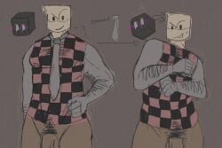 devesto die_of_death_(roblox) h4llx tie fully_nude panicking cube glasses_on_face hand_on_hip covering_breasts checkered_skin monochrome
