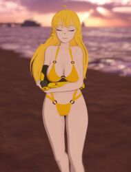 1girls 3d beach big_breasts bikini bikini_bottom bikini_top blonde_hair busty cleavage closed_eyes crossed_arms female female_only half-dressed half_naked half_naked_female hi_res large_breasts legs long_hair ocean robotic_arm rwby smile softserveneo solo_female thighs thong_bikini voluptuous water yang_xiao_long yellow_bikini