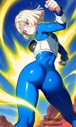 ai_generated armored_female ass ass_focus aura blonde_hair blue_eyes blush bodysuit combat dragon_ball energy female female_only glossy paid_reward_available patreon saiyan saiyan_armor saiyan_female sebassart sexy solo spandex sweat tight_clothing tight_fit