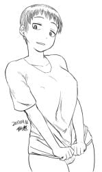 1girl breasts clitoral_hood clothes_pull collarbone cowboy_shot dated female_pubic_hair large_breasts legs looking_at_viewer monochrome no_bra no_panties open_mouth original pubic_hair shirt shirt_pull short_hair short_sleeves simple_background t-shirt thighs tsukudani_(coke-buta) very_short_hair white_background