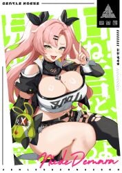 1girls :d alternate_breast_size amillion_(zenless_zone_zero) asymmetrical_legwear background_text bangboo_(zenless_zone_zero) bare_shoulders belt big_breasts black_boots black_detached_sleeves black_hair_ribbon black_jacket black_shorts black_sleeves black_socks black_thighhighs boots breasts brown_belt cowboy_shot crop_top cropped_jacket detached_sleeves doll earrings english_text eyebrows_visible_through_hair female female_focus female_only foot_out_of_frame forehead fur-trimmed_shorts green_background green_eyes hair_clips hair_ribbon handwritten_text heart_earrings heart_necklace japanese_text jirusu large_breasts long_hair long_nails looking_at_viewer micro_shorts mole_on_breast mole_under_eye navel necklace nicole_demara open_mouth parted_bangs pink_hair portrait shoulder_cutout simple_background sitting smile smiling socks solo solo_female sparkle spread_legs symbol teeth text thick_eyebrows thick_thighs thighhighs thighs tongue tongue_out torn_legwear torn_thighhighs tubetop twintails upper_teeth upper_teeth_only v_sign very_high_resolution wallpaper white_background white_tube_top zenless_zone_zero