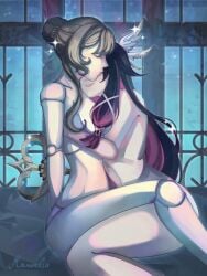 2026 2d 2d_(artwork) 2girls android black_hair brown_hair closed_eyes columbina_(genshin_impact) completely_nude completely_nude_female curvy curvy_figure dark_background doll female female_focus female_only full_body genshin_impact hug long_hair multicolored_hair naked naked_female nude nude_female pink_hair rawelio sandrone_(genshin_impact) sitting sitting_on_person skinny skinny_female smile smiling spanking very_long_hair winding_key window wings wings_on_head yuri
