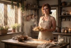 cirilovve ai_generated cd_projekt_red the_witcher_(series) the_witcher_3:_wild_hunt triss_merigold red_hair mascara freckles female light_skin light-skinned_female solo solo_female 1girls looking_at_viewer apron apron_only nude kitchen cooking waifu breasts big_breasts nipples