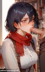 ai_generated arlequin097 mikasa_ackerman attack_on_titan 1girl breasts blush short_hair bangs shirt black_hair long_sleeves 1boy hair_between_eyes jewelry medium_breasts white_shirt upper_body hetero penis solo_focus pants indoors scarf black_eyes lips grey_eyes book saliva uncensored erection oral fellatio red_scarf patreon_username bookshelf library