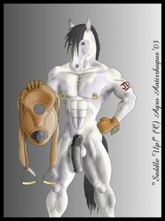 1boy agroalba equine gloves grey harness horse horsecock male male_only nipple_piercing nipples nude penis penis_saddle piercing saddle solo stallion