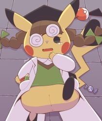 2024 accessory anus beady_eyes biped bipedal_feral bodily_fluids bow_ribbon braided_hair brown_hair candy cel_shading cheek_spots clothing coat cosplay_pikachu_(costume) crepix dessert digital_drawing_(artwork) digital_media_(artwork) eyewear female female_feral feral food fur generation_1_pokemon genitals glasses graduation_cap hair hair_accessory hair_bow hair_ribbon high-angle_view innie_vulva lab_coat looking_at_viewer lying lying_on_ground nintendo on_back on_ground open_mouth pencil_(object) pikachu pikachu_ph._d pokemon pokemon_(species) ribbons shaded solo spiral_glasses sweater sweater_vest tears topwear vest vulva yellow_body yellow_fur