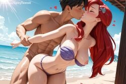 1boy 1girl ai_generated ariel_(the_little_mermaid) beach bikini black_hair blue_sky blush breasts closed_eyes cloud day disney disney_princess hair_ornament heart hetero hi_res high_quality high_resolution human kiss large_breasts long_hair navel nipples ocean outdoors patreon princess purple_bikini red_hair sand seductive sex sexy sky spicytoonai standing standing_sex sweat swimsuit the_little_mermaid_(1989_film) uncensored water watermark wet