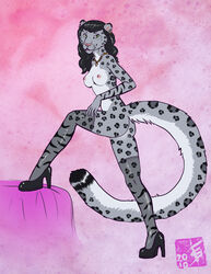 2010 anthro breasts color countershading dark_hair ear_piercing earring feline female feralityillustration furry high_heels naked_footwear naked_heels necklace nude piercing snow_leopard solo stockings