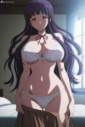 digitalwaifugallery ai_generated patreon seductive sexy uncensored watermark hi_res high_quality high_resolution tsumiki_mikan danganronpa 1girl breasts underwear panties solo bra long_hair white_bra large_breasts white_panties brown_skirt skirt indoors purple_eyes navel looking_at_viewer blush bed window undressing purple_hair cleavage blunt_bangs closed_mouth ribbon skirt_pull cowboy_shot thigh_gap neck_ribbon ass_visible_through_thighs curtains standing stomach bedroom pillow on_bed red_ribbon bow