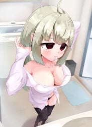 1girl adjusting_hair araga_kiwi arm_up arms_behind_head bathroom black_panties black_thighhighs blush breasts cleavage closed_mouth collarbone dot_nose dressing empty_eyes feet_out_of_frame female_focus from_above green_hair hand_up large_breasts long_hair long_sleeves looking_afar looking_ahead low_twintails mahou_shoujo_ni_akogarete mole mole_under_eye open_clothes open_shirt panties partially_unbuttoned purple_eyes shirt single_bare_shoulder solo standing thighhighs towa_lone twintails underwear variant_set white_shirt