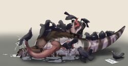 absurd_res ambiguous_gender anal anal_vore animal_genitalia anus avian bird bite black_body black_feathers bodily_fluids brown_body brown_feathers claws cloaca corvid cum cum_from_cloaca cum_from_vagina cum_in_vagina cum_inside cum_on_ground cum_through_tail_feathers dinosaur einin feather_preening feathers feral french_kissing from_behind_position genital_fluids genitals group group_sex happy happy_sex hi_res kissing knot large_group lying male mass_orgy mass_vore mounting multiple_prey on_side open_mouth oral_vore orgy oscine passerine penis personal_grooming prehistoric_species reptile saurischian scalie sex sharp_teeth signature simple_background size_difference spiked_penis spikes spikes_(anatomy) teeth theropod tongue tongue_bite tyrannosaurid tyrannosauroid tyrannosaurus tyrannosaurus_rex unbirthing vaginal vore vulva white_body white_feathers yellow_eyes