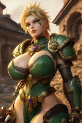 1girl 1woman 3d ai_generated big_ass big_breasts blond_hair dark_angels female female_only female_space_marine gold_armor green_armor green_eyes green_eyes_female lion_el'jonson power_armor power_armor_(warhammer) primarch ravenomega rule_63 sexy_body sexy_female sexy_woman short_hair sword voluptuous voluptuous_body voluptuous_female warhammer_(franchise) warhammer_40k