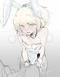 1femboy 2boys androgynous anon anonymous_male blush bob_cut bowtie bowtie_collar bunny_ears bunnysuit crossdressing embarrassed fake_animal_ears femboy femboy_focus fishnet_pantyhose fishnets leotard lio_fotia looking_at_viewer male male_playboy_bunny needy nipple_slip nipples pantyhose partially_colored petite petite_body petite_male playboy_bunny pov promare short_hair shy slim slim_male slim_waist solo_focus strapless_leotard text visible_breath feminine_male blonde_hair blushing nervous_expression bulge bulge_through_clothing thin_waist thin thin_male