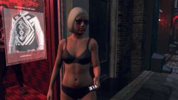 3d 3dcg absurd_res absurd_resolution bare_shoulders black_lingerie blonde-haired_female cleavage collarbone female female_only game_cg game_mod highres holding_cellphone large_breasts lingerie megan_ruis_(witchwandamaximoff) navel original_character short_hair sunglasses text ubisoft watch_dogs watch_dogs:_legion witchwandamaximoff