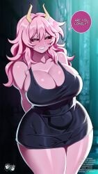 1girls arms_behind_back big_breasts big_thighs black_dress black_sclera breasts cleavage dialogue dress english_text grin grinning_at_viewer horns jadenkaiba large_breasts large_thighs long_hair long_hair_female looking_at_viewer mature_female milf mina_ashido mina_ashido_time-skip my_hero_academia my_hero_academia_(finale) naughty_face pink_body pink_hair pink_skin post-timeskip smiling smiling_at_viewer solo_female speech_bubble talking_to_viewer thick_thighs voluptuous wide_hips