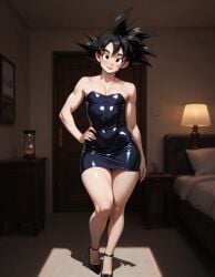 ai_generated blushing crossdressing dilf dragon_ball dress femboy femboy_dilf looking_at_viewer male male_only solo solo_male son_goku thick_thighs tight_clothing voluptuous_male