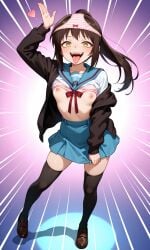 suzumiya_haruhi_no_yuuutsu kyonko brown_hair pink_panties panties_on_head breasts hypnosis ai_generated tounge_out