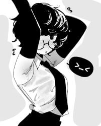 1girl 1girls armpit armpit_crease armpit_fetish armpit_sweat arms_up black_eyes black_hair black_pupils blush blush_lines blushing blushing_at_viewer blushing_female female female_focus female_only girl glasses hair limbus_company looking_at_viewer ny_000a project_moon short_hair side_view solo solo_female solo_focus sora_(limbus_company) sweat sweatdrop sweating sweaty sweaty_armpits sweaty_body tagme text_bubble woman woman_focus woman_only woman_solo