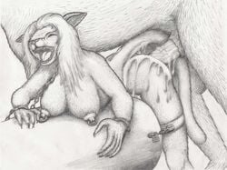 anthro anthro_bestiality bondage breasts chains couger couple cum cum_inside equine female feral furry furry_only greyscale horse horsecock male monochrome nipple_piercing nipples nude pencils penetration penis piercing sex straight