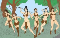 amazonian 6girls skimpy_bikini barefoot big_girl small_girl dagger swords loincloth big_breasts skirt tall_boots boots