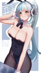 rita_kamishiro prism_project vtuber virtual_youtuber white_hair headphones fake_animal_ears bunnysuit 1girls ryncka fake_rabbit_ears fake_tail bare_shoulders blue_eyes black_leotard black_pantyhose blue_highlights smiling ponytail ribbon bunny_tail artist_name artist_signature