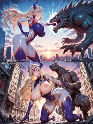 1boy 1girl ai_generated anthro blonde_hair blue_eyes bodysuit breasts building city clenched_teeth cum cum_in_pussy dark-skinned_male defeated defeated_heroine doggystyle domino_mask duo female giant giantess heart hetero horns large_breasts long_hair male mask mount_lady mt._lady my_hero_academia nipples penis sex sex_from_behind sun superhero teeth vaginal villain_party69 yuu_takeyama