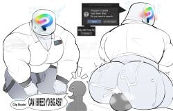 2boys ass bara big_ass big_butt big_sub blush blushing bulge bulge_through_clothing butt clip_studio_(personification) clip_studio_paint clothed clothing cum cum_in_ass cum_inside dialogue english_text facesitting fat_ass fredrick7298 gay humanoid looking_back male male/male muscular muscular_male pecs sitting_on_person size_difference small_dom_big_sub smaller_male text