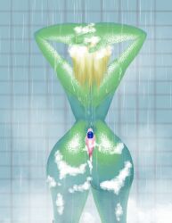 amphibian anthro bathing big_butt blonde_hair butt digital_drawing_(artwork) digital_media_(artwork) female frog froppei_(salcamanj) green_body green_skin hair hi_res object_between_cheeks rear_view salcamanj_(artist) showering soap solo wet