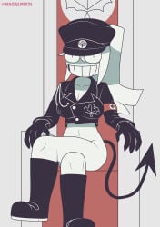 1girls boots crossing_legs exposed_belly exposed_legs exposed_skin fundamental_paper_education looking_at_viewer magalnik military_uniform nazi nazi_uniform nipples_visible_through_clothing no_panties no_pants questionable_consent riley_(fundamental_paper_education) self_upload sitting sitting_on_throne smile smiling smiling_at_viewer tagme tail throne uniform what white_hair
