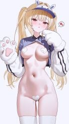 1girls :o bare_shoulders belly_button blonde_hair blush bottomless breasts breasts_out cap crop_top crop_top_jacket embarrassed female female_focus female_only fymrie groin heart_pasties jacket legwear long_hair looking_at_viewer mittens open_clothes open_jacket open_mouth open_shirt original original_character pasties paw_gloves red_eyes small_breasts solo standing stomach sweat thighhighs thighs tied_hair twintails white_background
