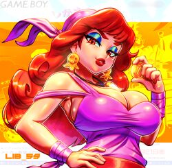 1girls big_breasts blue_eyeshadow boob_spillage breasts bust_portrait captain_syrup clothing coin commission earrings huge_breasts large_breasts lib_100 lib_59 looking_at_viewer makeup nintendo pink_shirt plump_lips red_eyes red_hair red_lipstick sideboob solo solo_female tagme tits wario_(series) wario_land