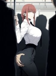ai_generated big_breasts chainsaw_man grabbing_ass gratefhosp groping_ass makima_(chainsaw_man) molestation molestation_in_public molested molesting public_humiliation public_indecency public_transportation red_hair red_hair_female sole_female touching_ass train_interior